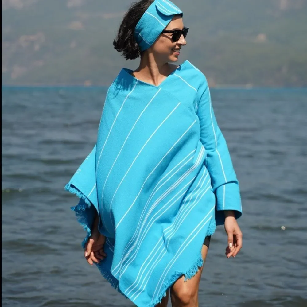 Adult Unisex Blue Striped Poncho Towel & Headband 100% Cotton Turkish Robe NEW